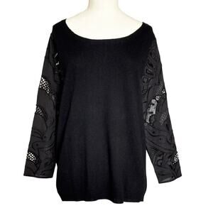 Sandro Paris Women’s Black Sweater Sz 1 (S) Sheer Lace Sleeve Boho Chic Pullover